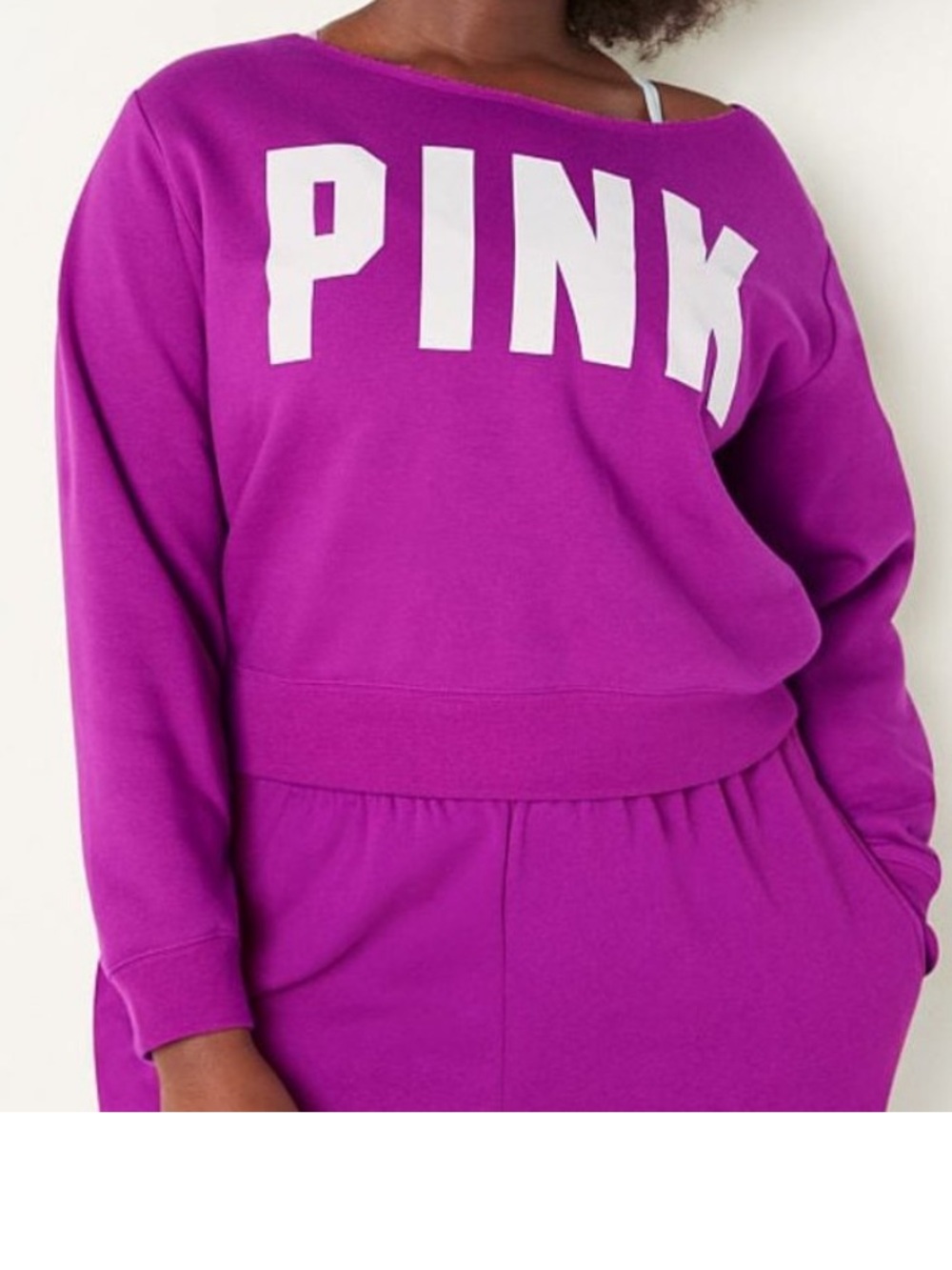 NEW!💗PINK VS Fuchsia FLEECE CROPPED Off The Shoulder Sweatshirt! NWT! Size XL! - Picture 2 of 6